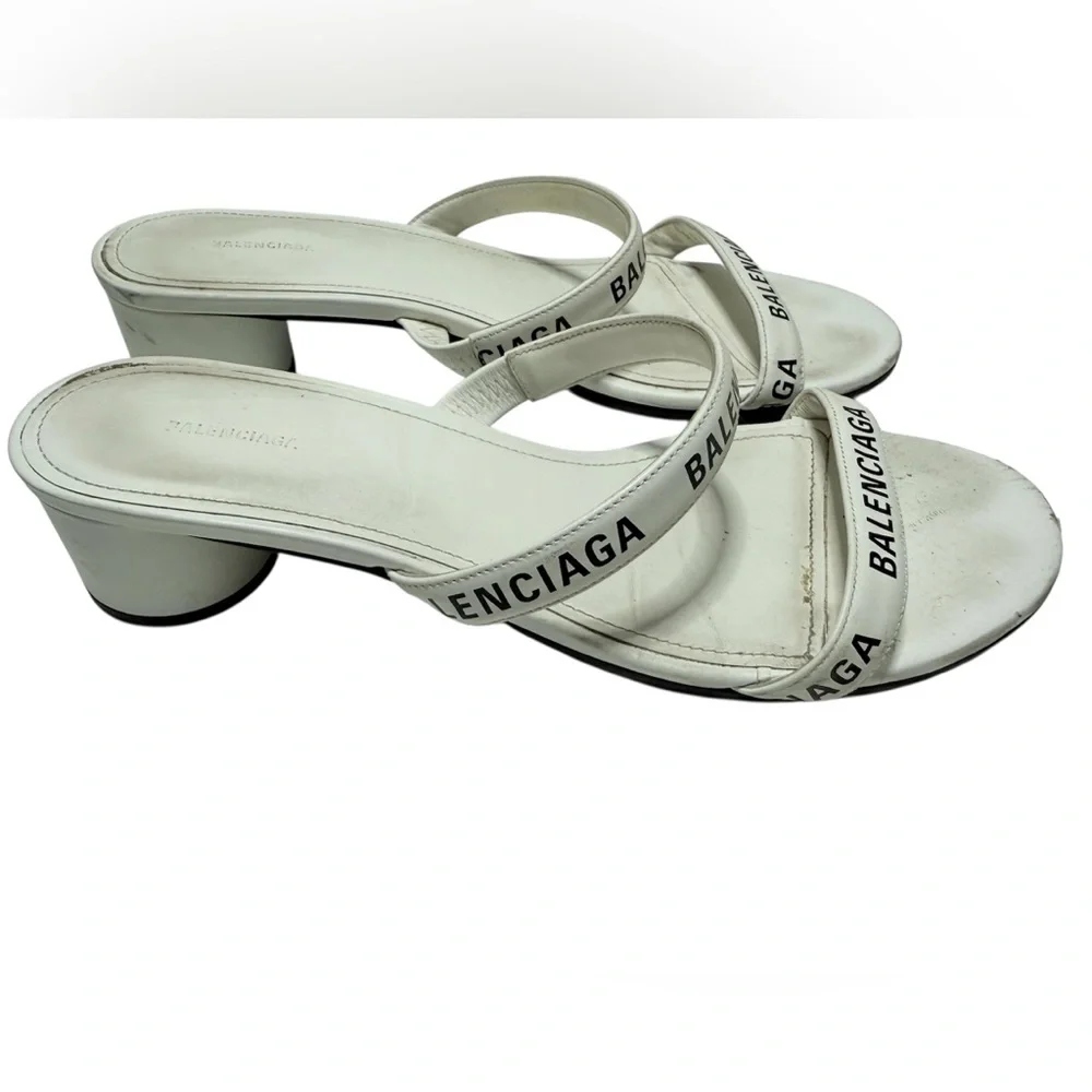 Balenciaga White Logo Strap Block Heel Sandals Size 8 - Picture 3 of 5